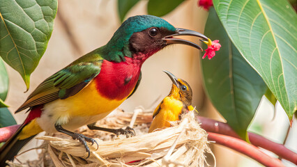 A brightly colored bird provides food to its chick in a nest, nestled among vibrant leaves and blossoming flowers in the morning light