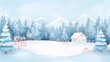 © Pachara - Snowy cabin, winter forest backdrop, watercolor style