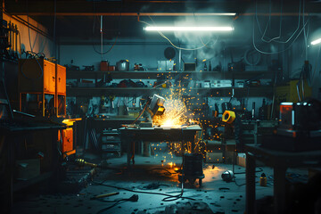 Wall Mural - A dark and gritty workshop with sparks flying from welding.