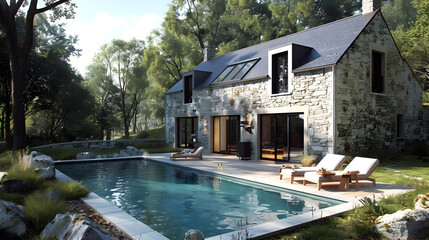 Sticker - Stone House with Pool and Patio 3D Illustration