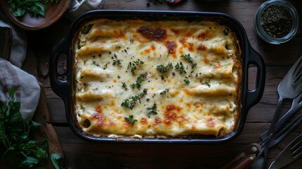 Wall Mural - italian herb ricotta cannelloni in a baking dish, food photography, 16:9