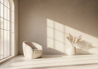 Wall Mural - Sunlight entering empty room through arched window illuminating elegant armchair