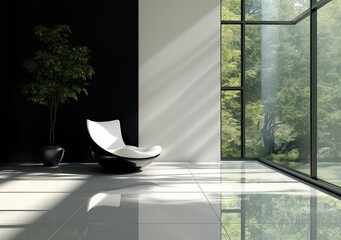 Wall Mural - Modern minimalist living room with large windows showing nature