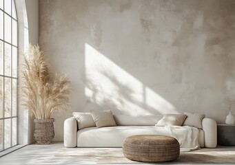 Wall Mural - Sunlight crossing a minimalist living room with pampas grass and a white sofa