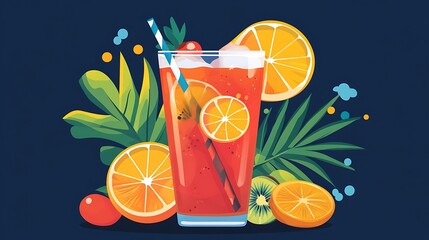 Canvas Print - Refreshing Summer Drink with Tropical Fruits and a Blue Background.