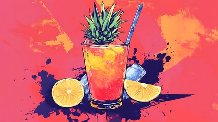 Canvas Print - A refreshing summer cocktail with pineapple and lemon slices on a colorful background.