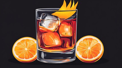 Wall Mural - Orange Slice and Cocktail with Ice on Black Background.