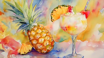 Poster - Watercolor Painting of a Pineapple and a Glass of Pineapple Juice.