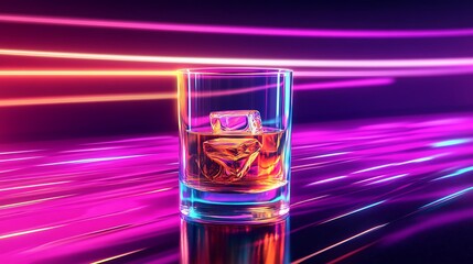 Poster - Glass of whiskey with ice on a neon background.