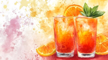 Canvas Print - Watercolor Illustration of Two Orange Cocktails with Orange Slices and Mint