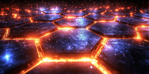 Creative blue hexagonal background with binary code. Technology, design and landing page concept