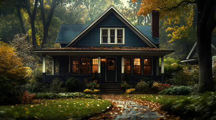 Poster - Cozy autumn home with warm lights and a path.