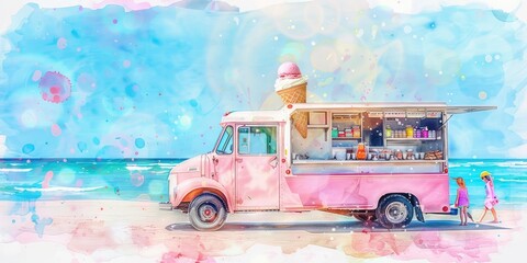 Canvas Print - Pink ice cream truck on a beach with two girls.