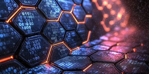 Creative blue hexagonal background with binary code. Technology, design and landing page concept