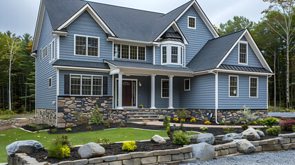 Poster - Blue House with Stone Foundation and Green Lawn - Photo