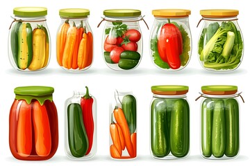 Canvas Print - Assorted Vegetables Preserved in Glass Jars, Perfect for Canning and Pickling Illustration.