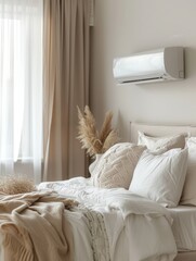 Poster - A stylish modern living room showcases an air conditioner mounted on the wall, accented by warm decor and abundant natural light from large windows. Generative AI