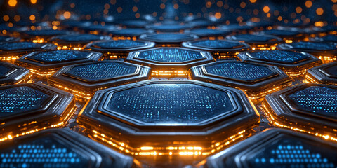 Creative blue hexagonal background with binary code. Technology, design and landing page concept