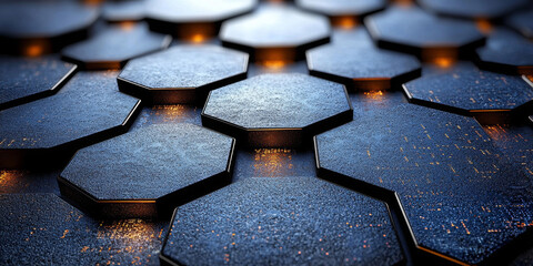 Creative blue hexagonal background with binary code. Technology, design and landing page concept