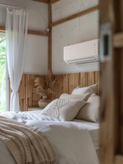 Fototapete - A modern living room features a wall-mounted air conditioner, cozy textiles, and natural light from large windows, creating a stylish atmosphere. Generative AI