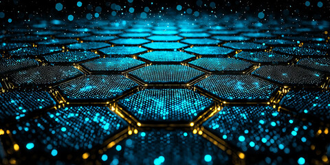Creative blue hexagonal background with binary code. Technology, design and landing page concept