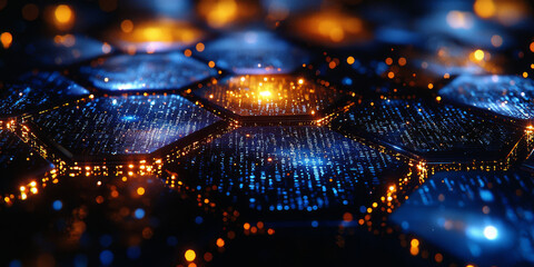 Creative blue hexagonal background with binary code. Technology, design and landing page concept