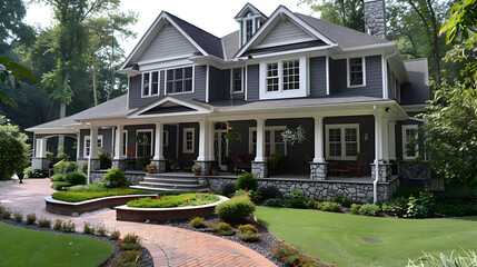 Poster - Gray House with White Columns and Stone Accents - Photo