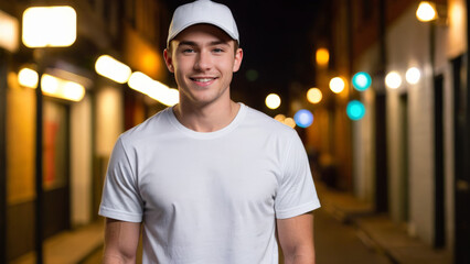 Wall Mural - Young man wearing white t-shirt and white baseball cap standing in a city alley at night