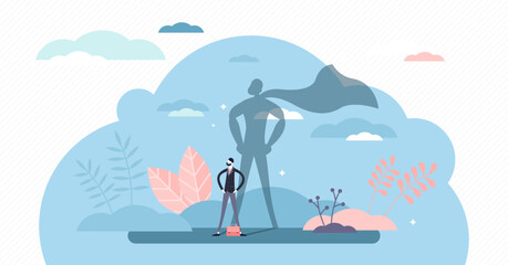 Wall Mural - Superhero businessman concept, flat tiny person illustration, transparent background. Standing brave person with a cape in hes shadow. Strong leadership metaphor.