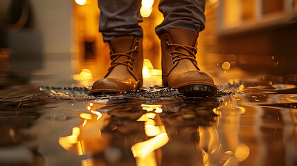 Poster - Boots in Puddles with Blurry Golden Lights Photo