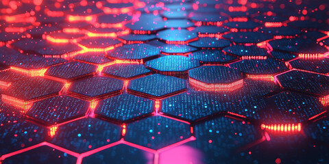 Creative blue hexagonal background with binary code. Technology, design and landing page concept