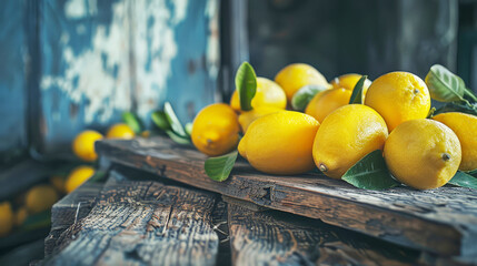 Wall Mural - yellow lemons on wooden table place