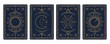 © Vector Tradition - Tarot cards with magic occult and esoteric symbols and mystic signs, vector reverse decks. Tarot cards with golden line sun, moon crescent and star in celestial frames with sacred geometry design