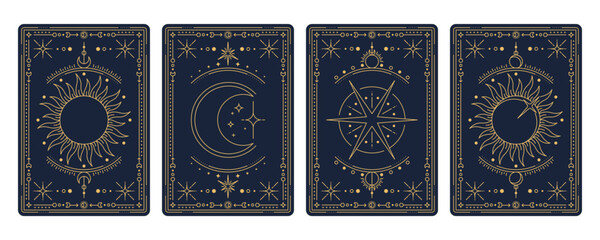 Sticker - Tarot cards with magic occult and esoteric symbols and mystic signs, vector reverse decks. Tarot cards with golden line sun, moon crescent and star in celestial frames with sacred geometry design