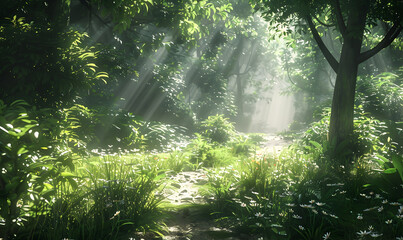 Sticker - Sunbeams pierce through a dense green forest, illuminating a path leading towards a misty clearing.