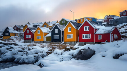 Wall Mural - Colorful houses on a snowy hillside at sunset.