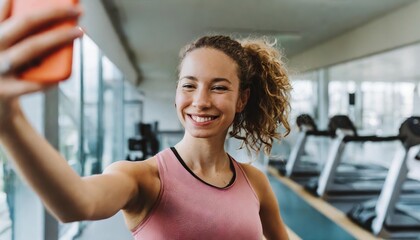 Joyful woman taking a selfie in a gym, radiating confidence and positivity after a workout session