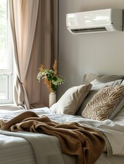 Poster - A modern living room showcases an air conditioner above a neatly made bed with decorative pillows and a floral arrangement in a vase. Generative AI