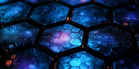 Creative blue hexagonal background with binary code. Technology, design and landing page concept