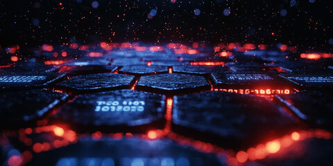 Creative blue hexagonal background with binary code. Technology, design and landing page concept