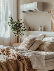 Poster - A stylish living room showcases a mounted air conditioner, cozy textiles, and natural light filtering through sheer curtains. Generative AI