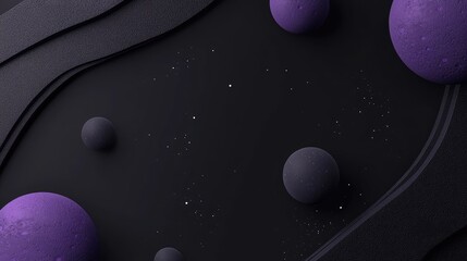 Purple and grey 3D planets and stars on a black gradient background, with retro textures and minimalist design.