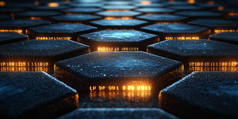 Creative blue hexagonal background with binary code. Technology, design and landing page concept