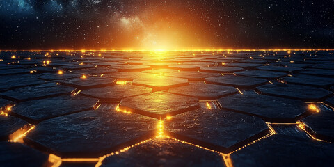 Creative blue hexagonal background with binary code. Technology, design and landing page concept
