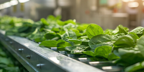 Fresh Green Spinach Processing on Conveyor Belt in Food Factory