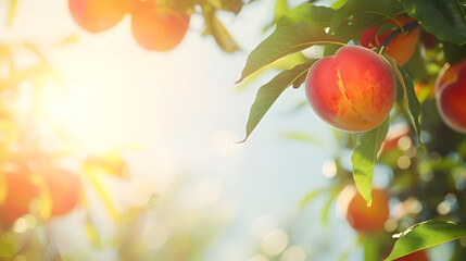 Canvas Print - peach fruits grow up on tropic tree branches, blue sky background, empty copy space