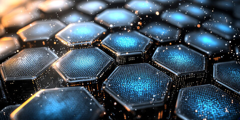 Creative blue hexagonal background with binary code. Technology, design and landing page concept