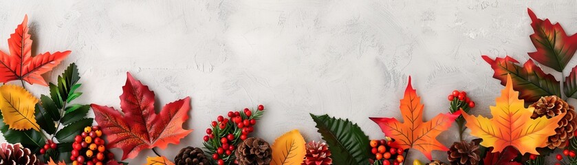 autumn leaves, berries, and pinecones border on marble background - thanksgiving fall decor - seasonal autumnal arrangement - natural fall foliage - festive autumnal design.