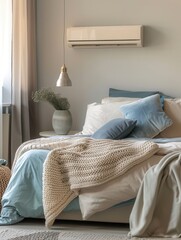 Poster - This modern living room features an air conditioner, stylish decor, and cozy textiles, creating a comfortable atmosphere filled with natural light. Generative AI