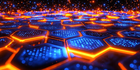 Creative blue hexagonal background with binary code. Technology, design and landing page concept